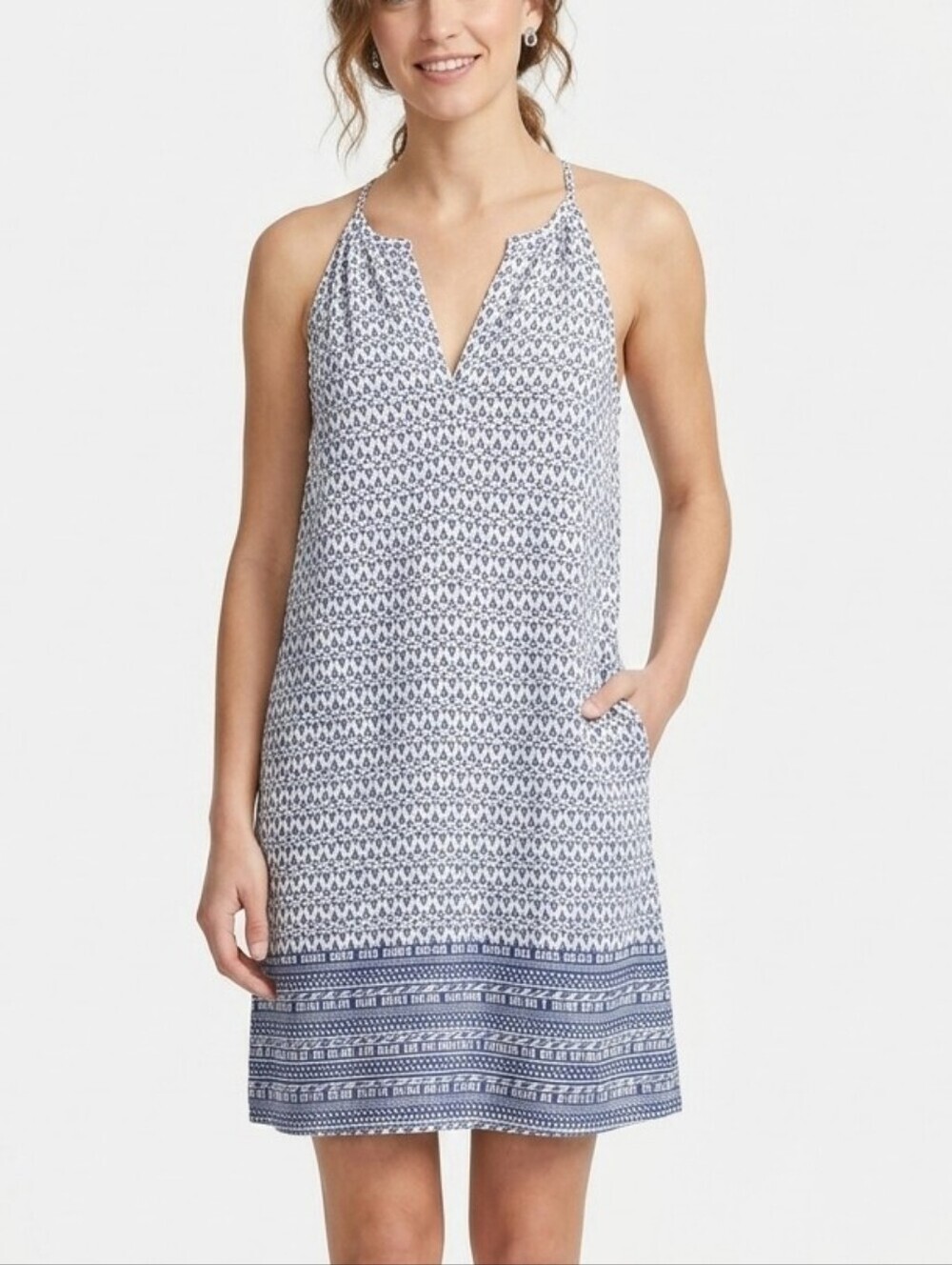 Skies are blue Border Halter Split-Neck Sleeveless Shift Dress